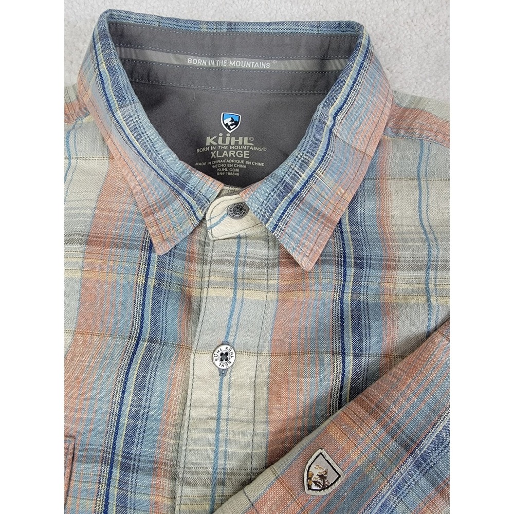 Kuhl Plaid Shirt Mens XL Blue Orange Excellent‎ Short Sleeve Linen Cotton 7218 - Picture 2 of 10